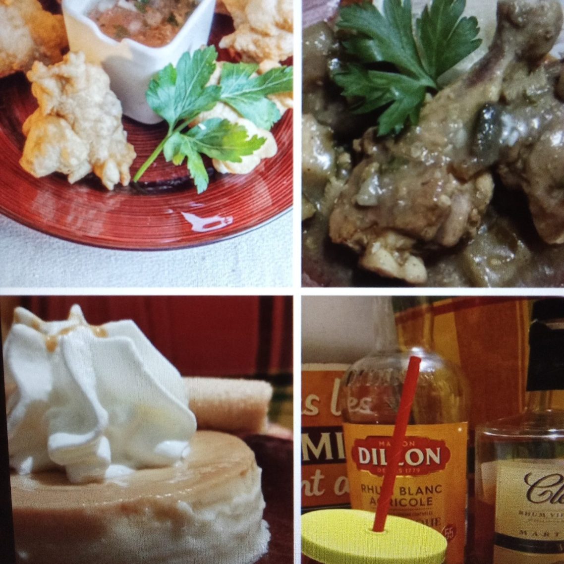 acras,sauce pimenté,colombo de poulet,riz,haricots rouge ou patate douce,flan coco